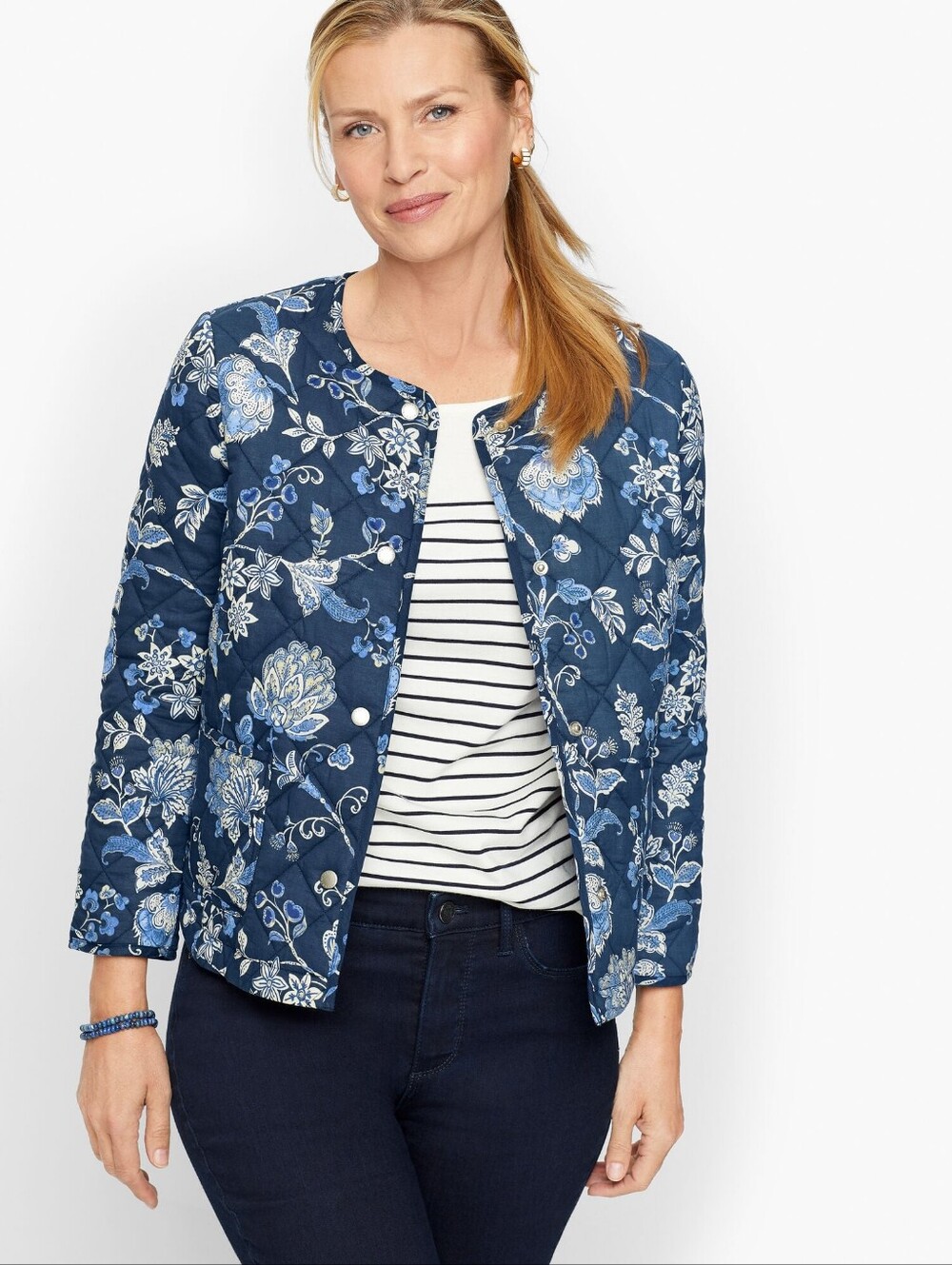 Talbots Jacobean Quilted Jacket Size M Blue Floral Coat